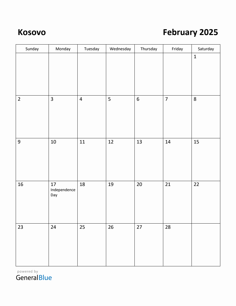 Free Printable February 2025 Calendar for Kosovo