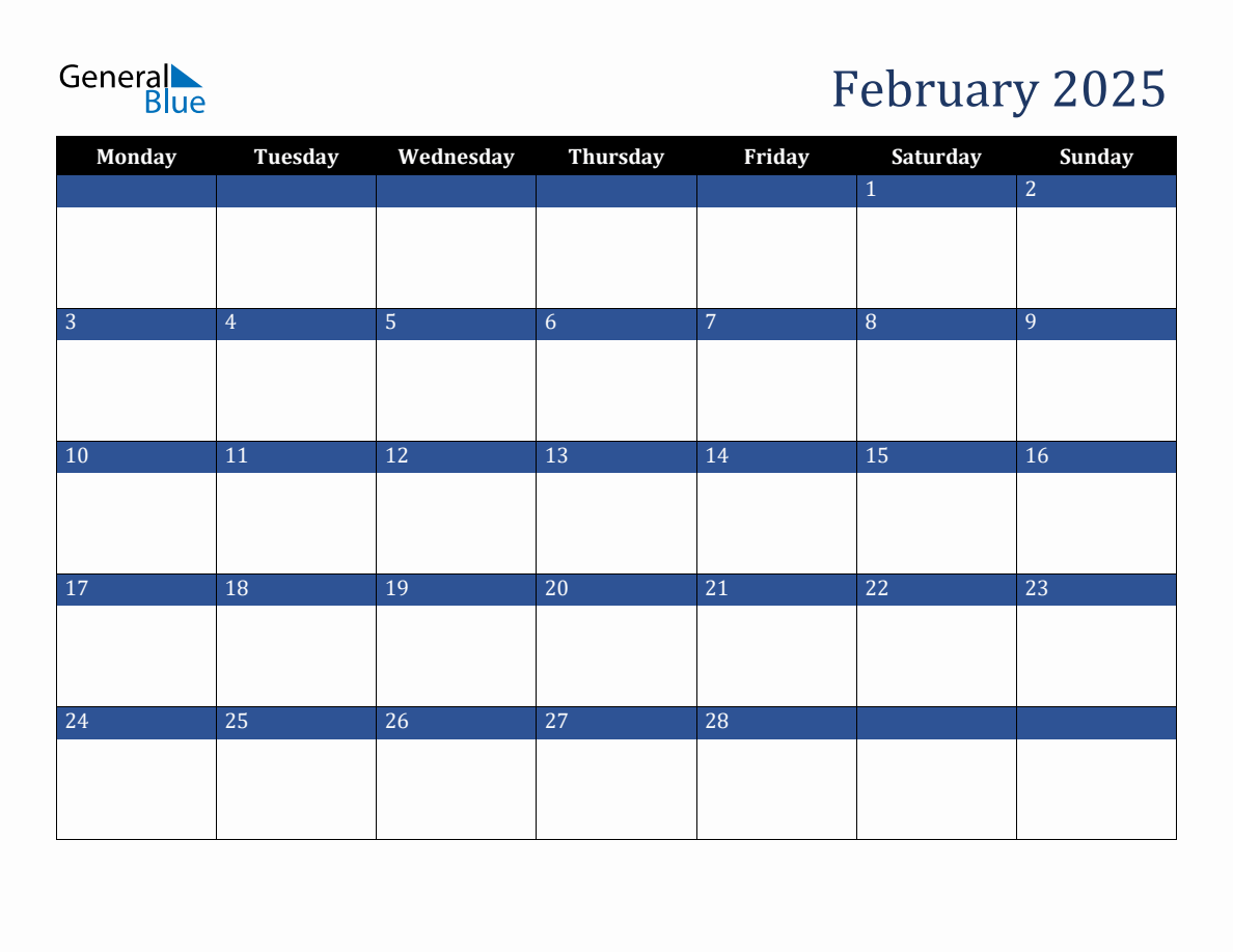 February 2025 Downloadable Monday Start Calendar