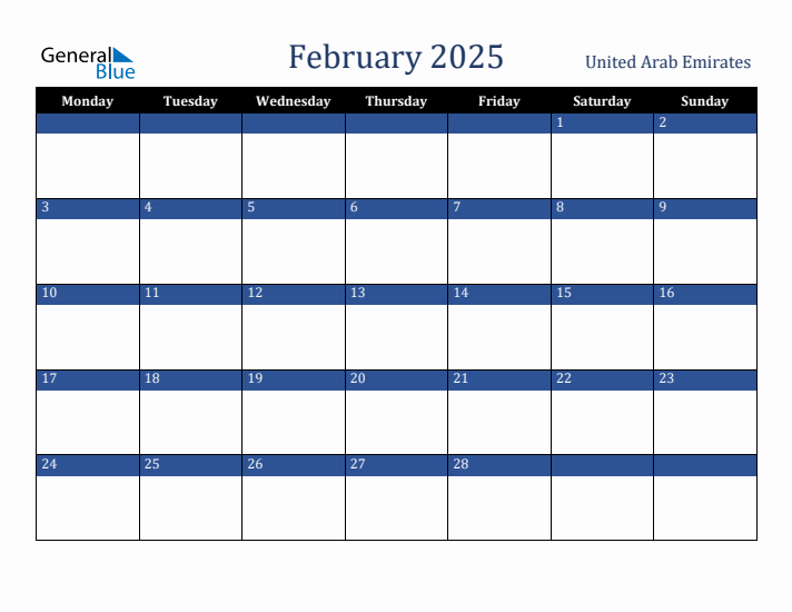 February 2025 United Arab Emirates Calendar (Monday Start)