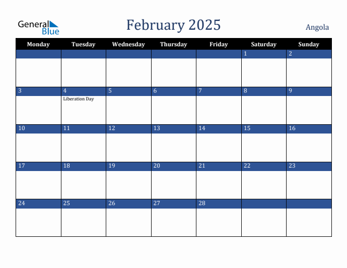 February 2025 Angola Calendar (Monday Start)