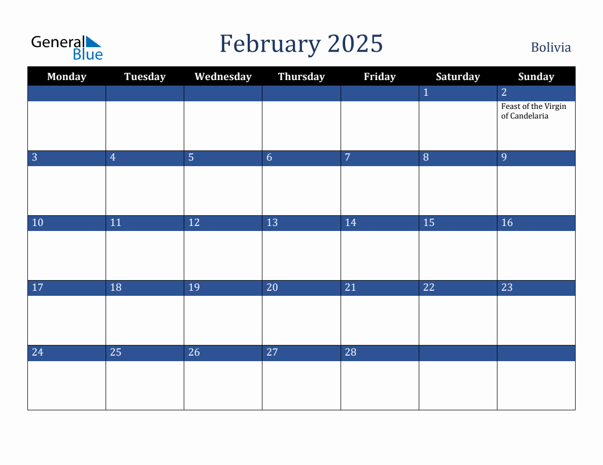 February 2025 Bolivia Holiday Calendar