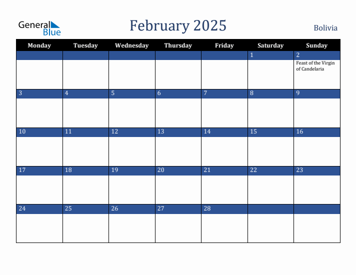 February 2025 Bolivia Calendar (Monday Start)