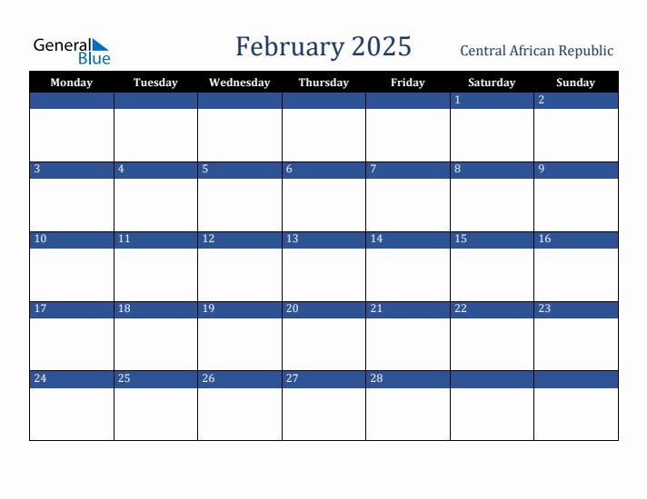 February 2025 Central African Republic Calendar (Monday Start)