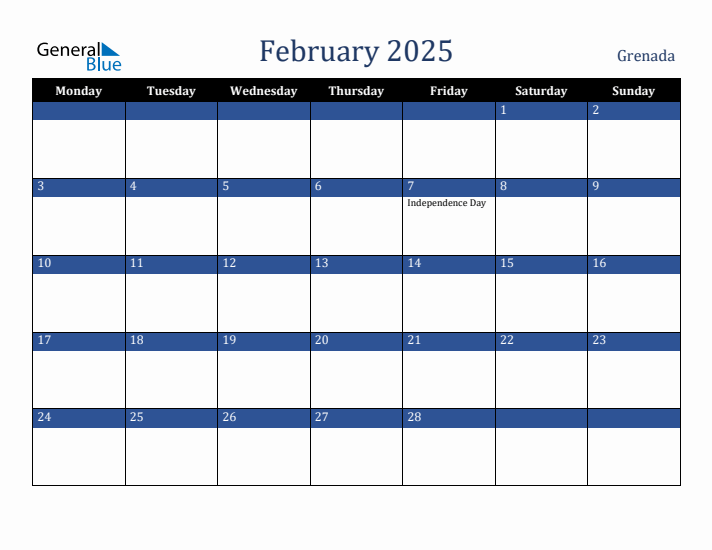 February 2025 Grenada Calendar (Monday Start)