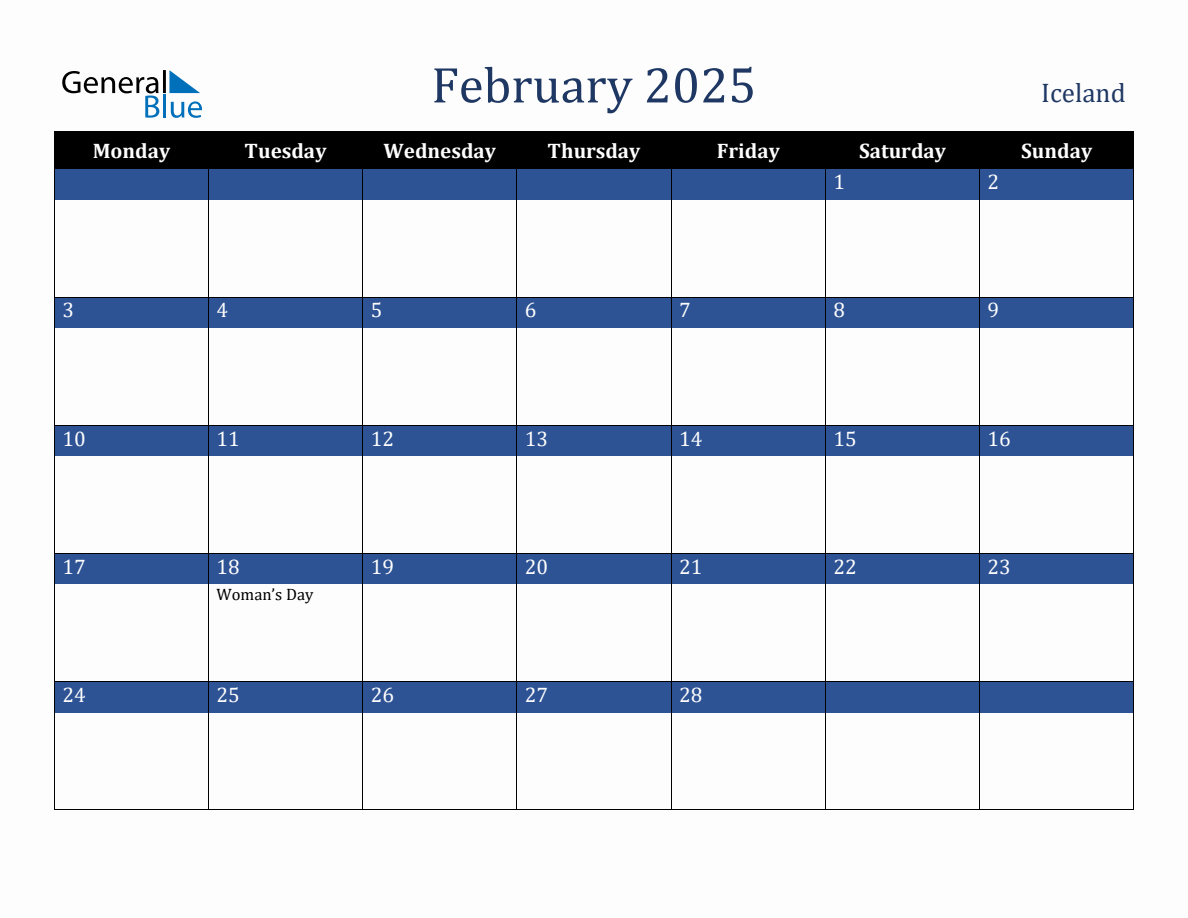 February 2025 Iceland Holiday Calendar