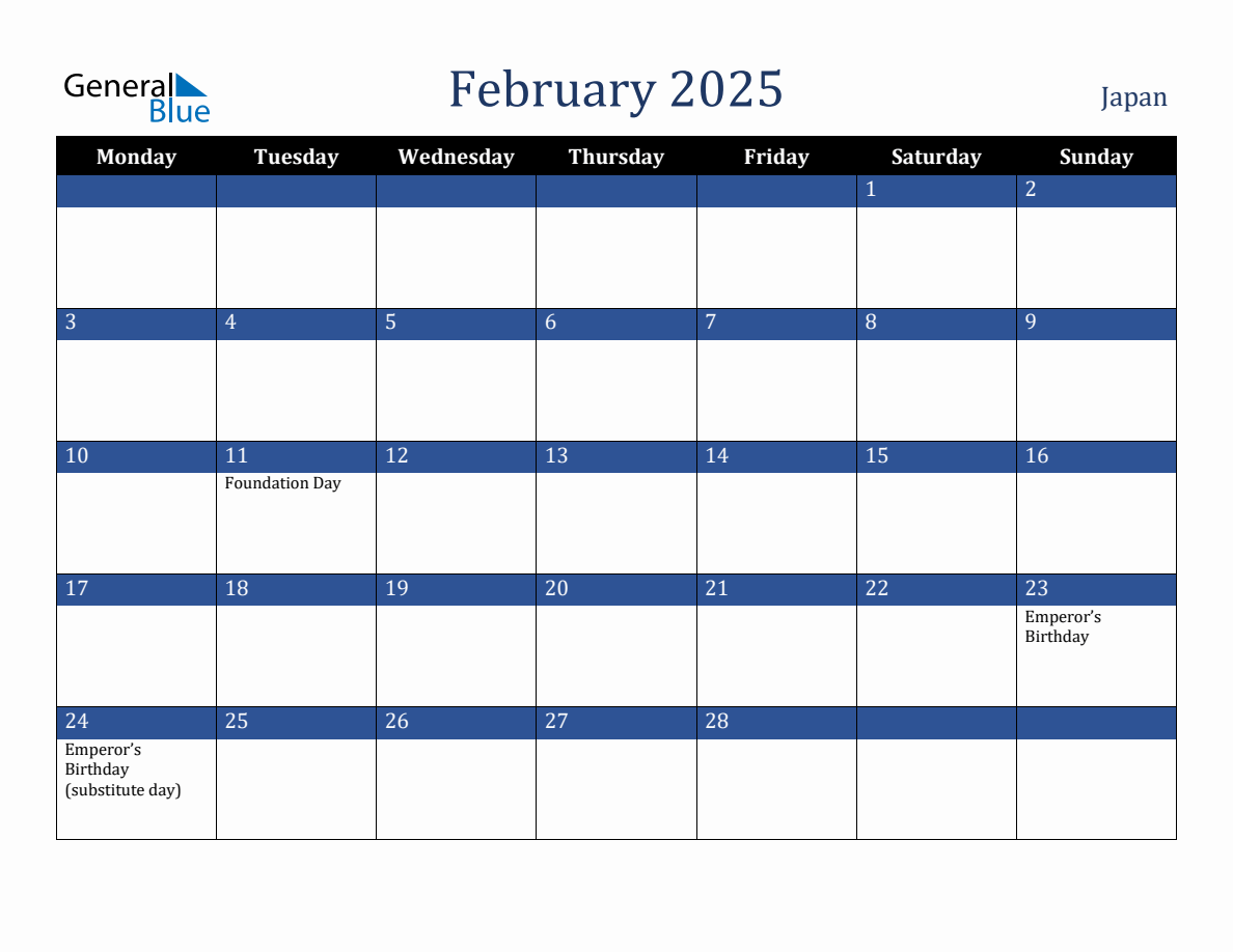 February 2025 Japan Holiday Calendar