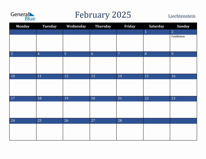 February 2025 Liechtenstein Calendar (Monday Start)