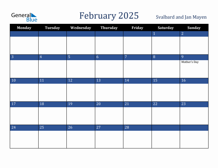 February 2025 Svalbard and Jan Mayen Calendar (Monday Start)