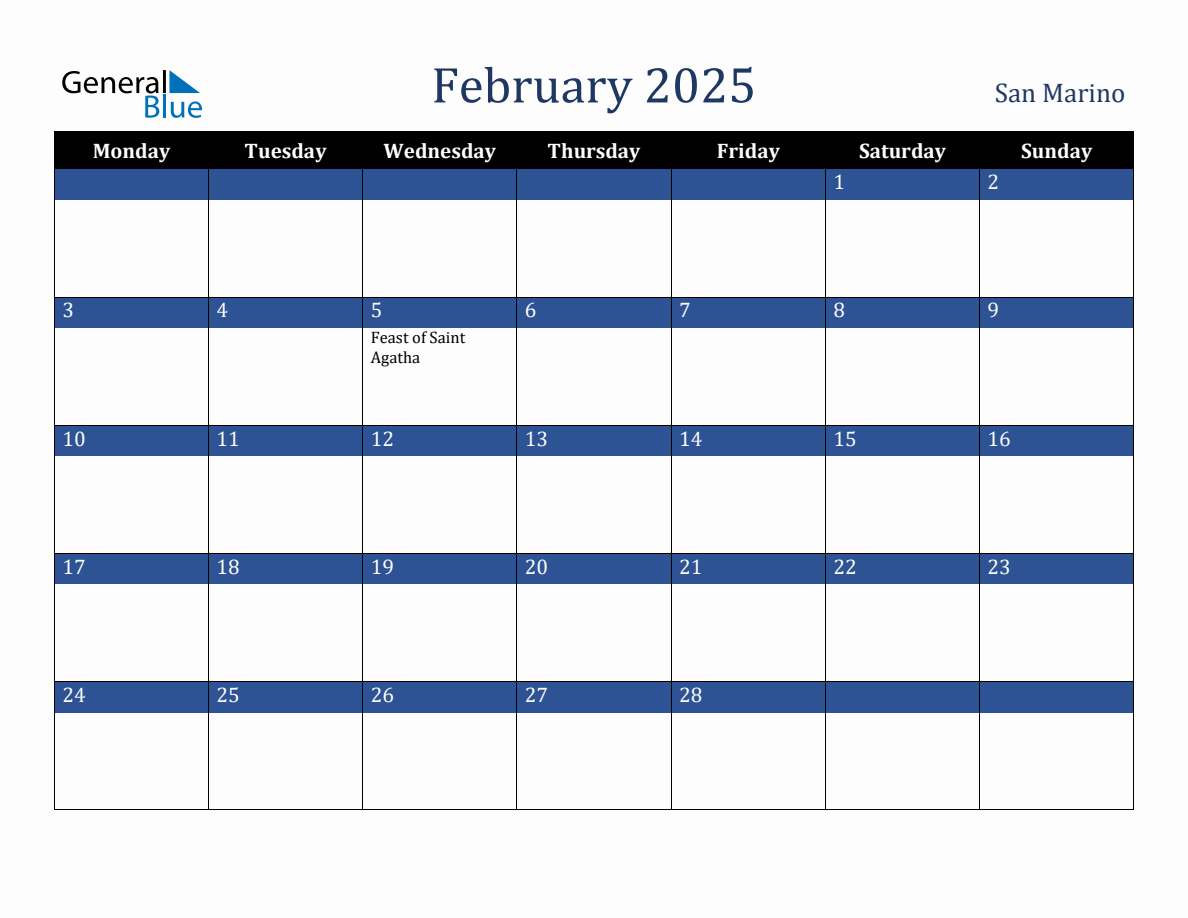 February 2025 San Marino Holiday Calendar