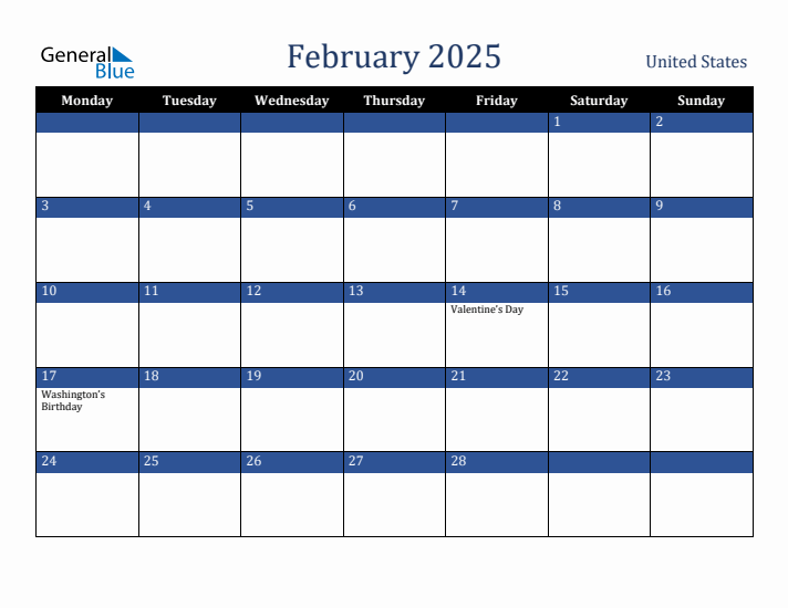 February 2025 United States Calendar (Monday Start)