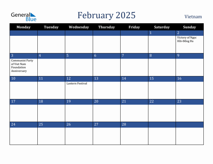February 2025 Vietnam Calendar (Monday Start)