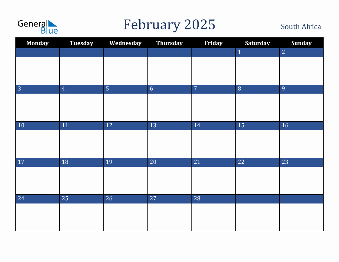 February 2025 South Africa Holiday Calendar