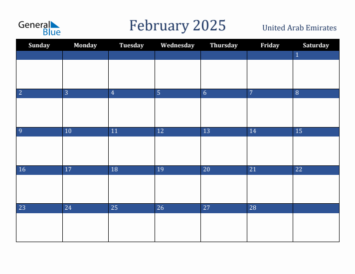 February 2025 United Arab Emirates Calendar (Sunday Start)