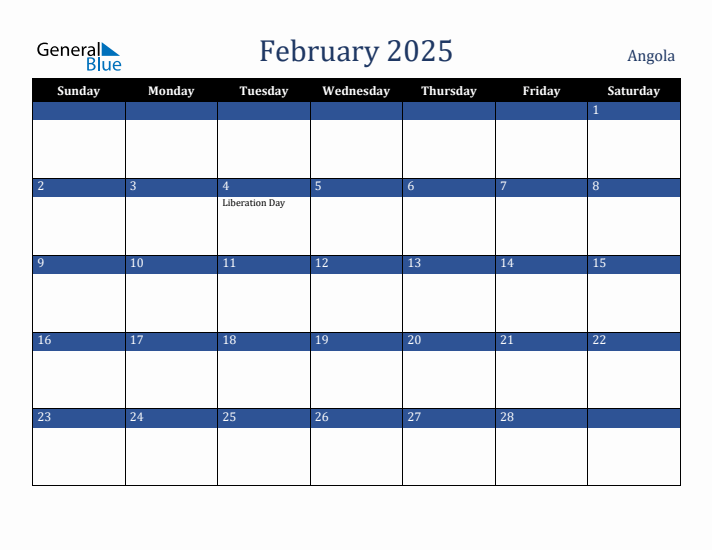 February 2025 Angola Calendar (Sunday Start)