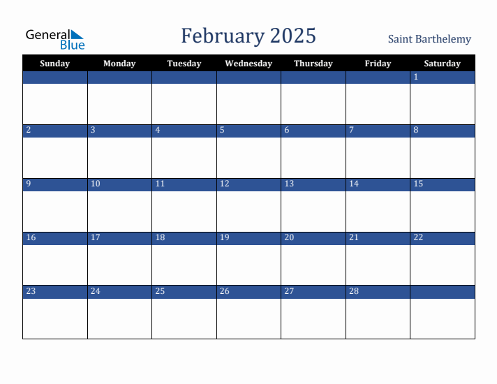 February 2025 Saint Barthelemy Calendar (Sunday Start)