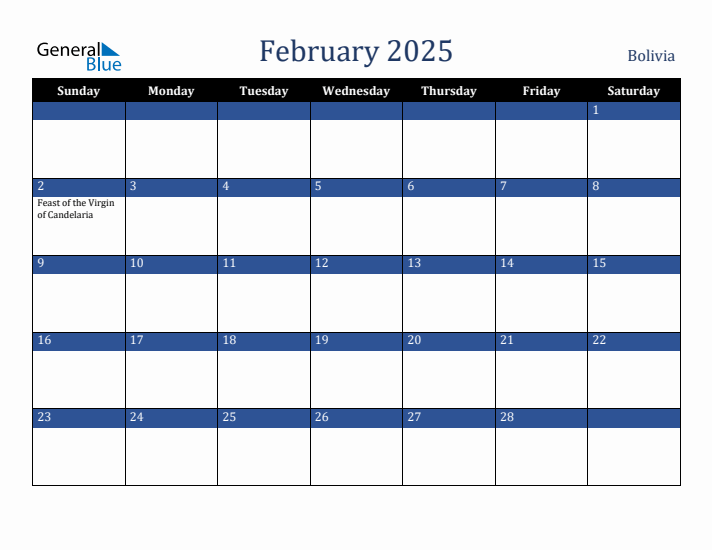 February 2025 Bolivia Calendar (Sunday Start)