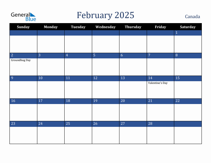 February 2025 Canada Calendar (Sunday Start)