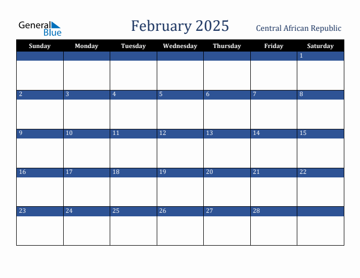 February 2025 Central African Republic Calendar (Sunday Start)
