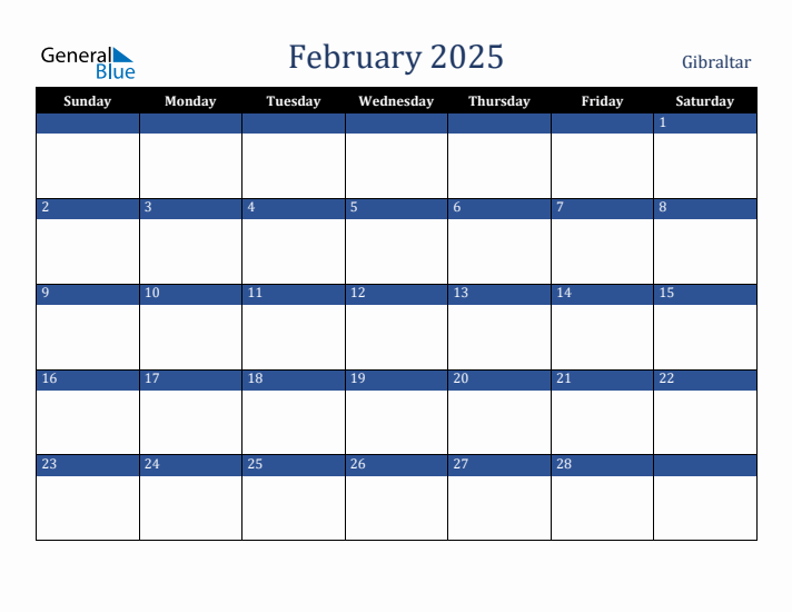 February 2025 Gibraltar Calendar (Sunday Start)