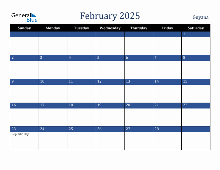 February 2025 Guyana Calendar (Sunday Start)