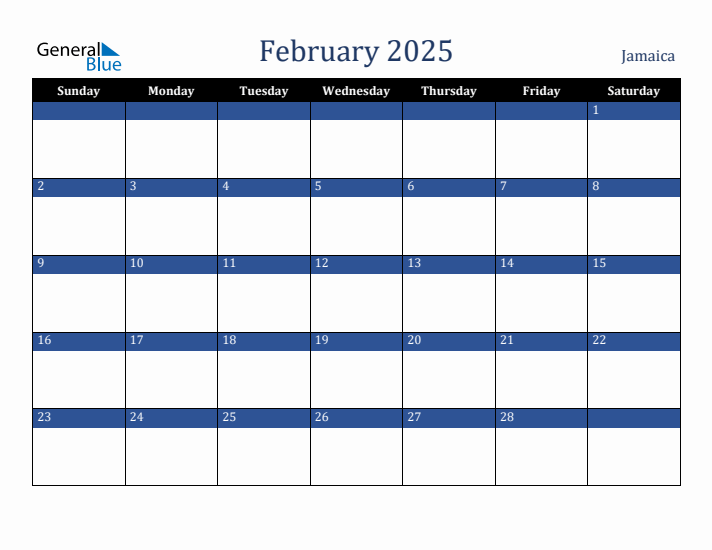 February 2025 Jamaica Calendar (Sunday Start)