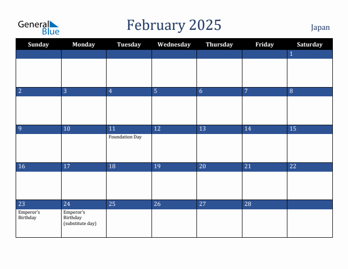 February 2025 Japan Calendar (Sunday Start)