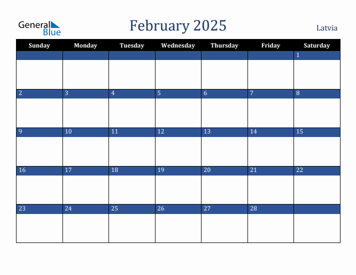 February 2025 Latvia Calendar (Sunday Start)