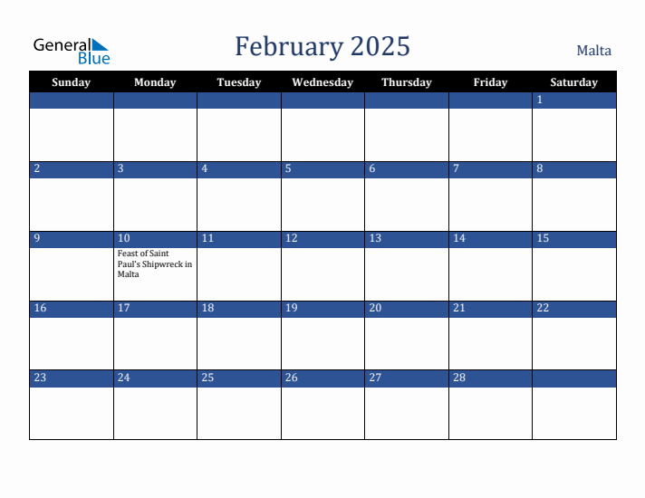February 2025 Malta Calendar (Sunday Start)