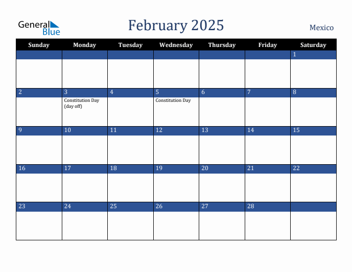 February 2025 Mexico Calendar (Sunday Start)