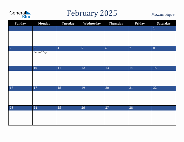 February 2025 Mozambique Calendar (Sunday Start)