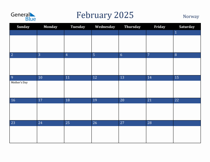 February 2025 Norway Calendar (Sunday Start)