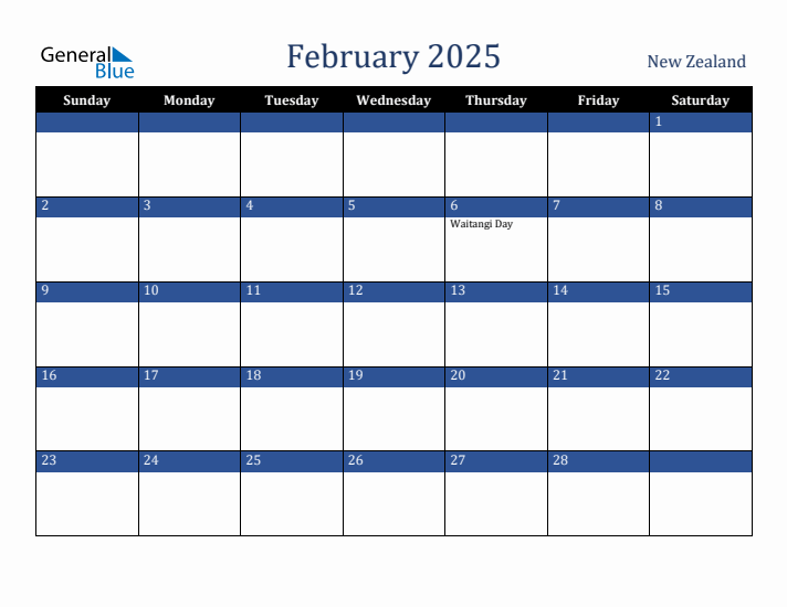 February 2025 New Zealand Calendar (Sunday Start)