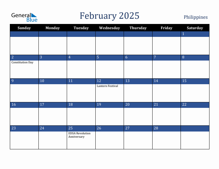 February 2025 Monthly Calendar with Philippines Holidays