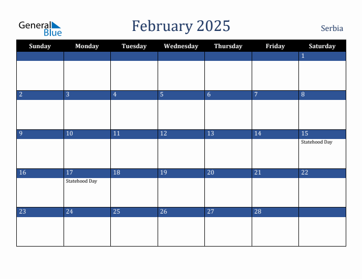 February 2025 Serbia Calendar (Sunday Start)