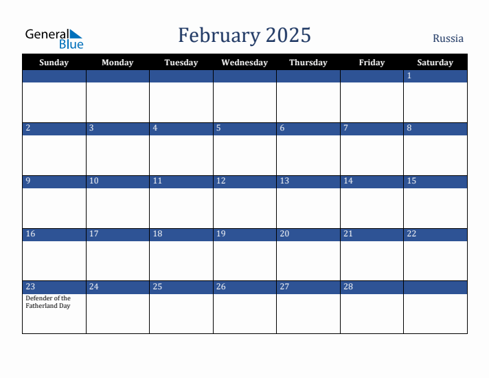 February 2025 Russia Calendar (Sunday Start)