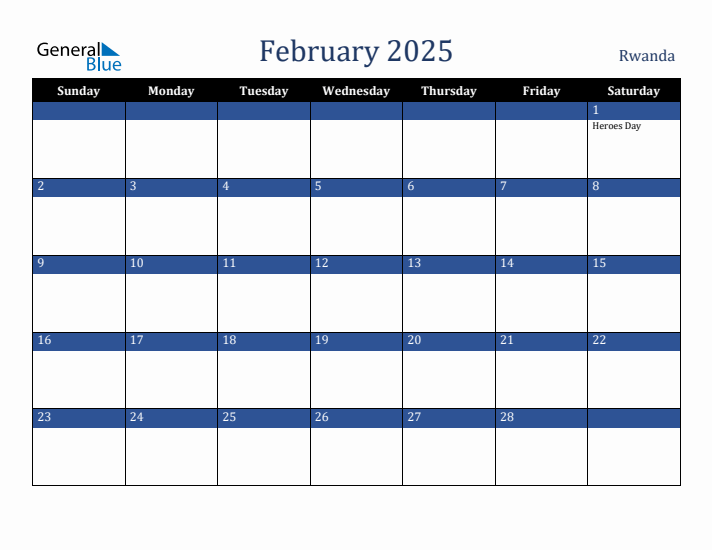 February 2025 Rwanda Calendar (Sunday Start)