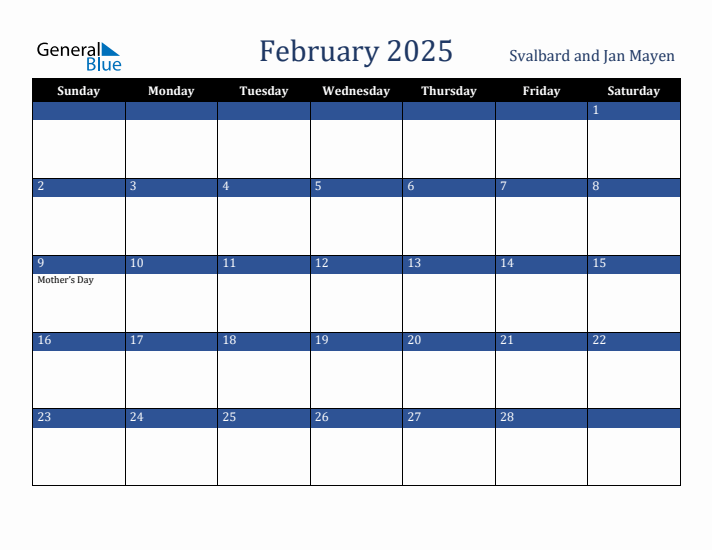 February 2025 Svalbard and Jan Mayen Calendar (Sunday Start)
