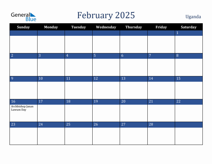 February 2025 Uganda Calendar (Sunday Start)