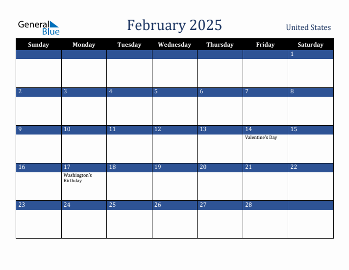 February 2025 United States Calendar (Sunday Start)