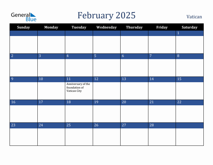 February 2025 Vatican Calendar (Sunday Start)