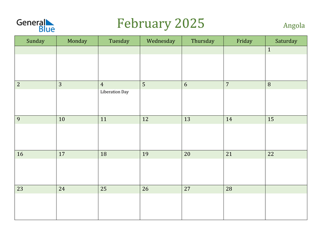 February 2025 Calendar with Angola Holidays