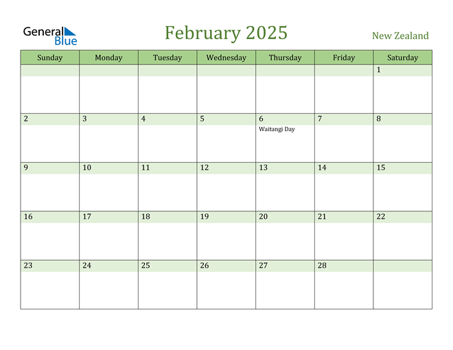 New Zealand February 2025 Calendar with Holidays