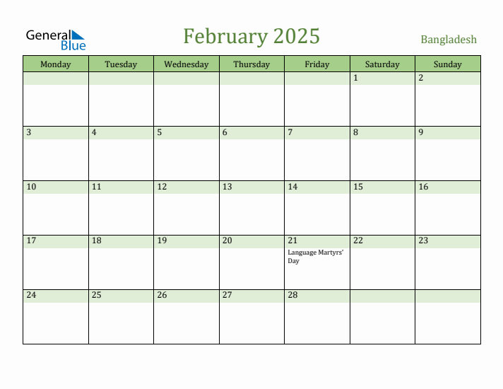February 2025 Calendar with Bangladesh Holidays