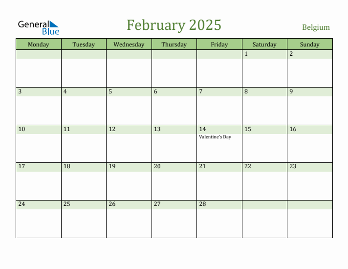 February 2025 Calendar with Belgium Holidays