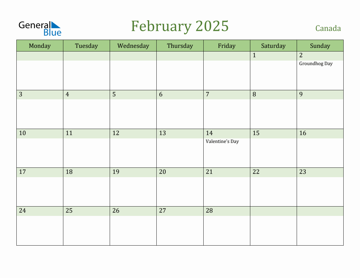 Fillable Holiday Calendar for Canada February 2025