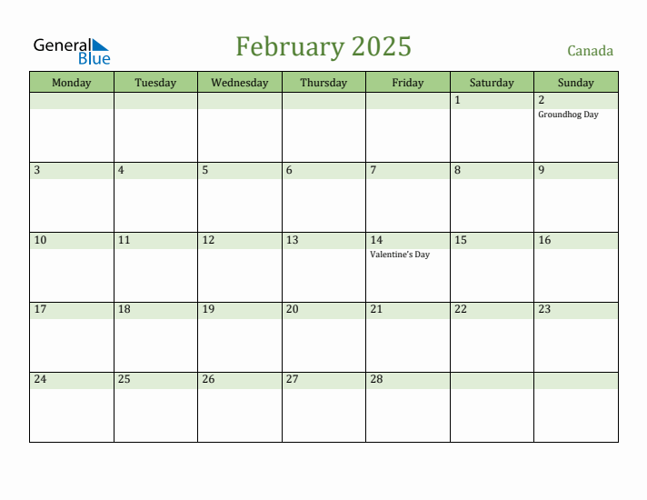 February 2025 Calendar with Canada Holidays