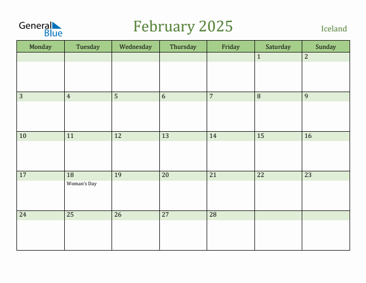 February 2025 Calendar with Iceland Holidays