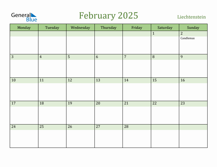 February 2025 Calendar with Liechtenstein Holidays