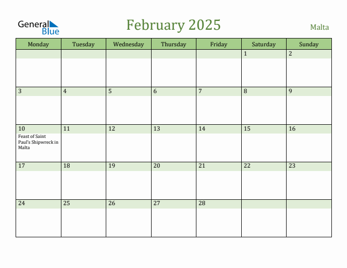 February 2025 Calendar with Malta Holidays
