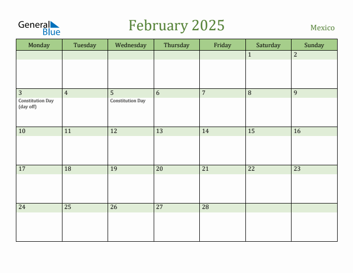 February 2025 Calendar with Mexico Holidays